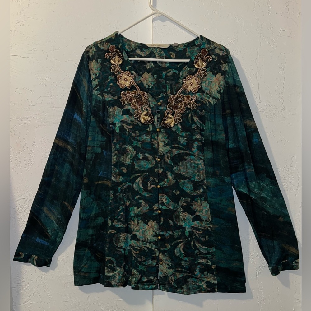Soft Surroundings Del Bosque Starry Night Tunic Top with Gold Beading